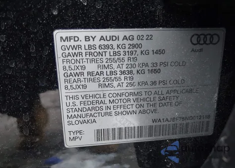 2022 Audi Q7 Premium 45 Tfsi Quattro Tiptronic z USA, uszkodzony, nr VIN WA1AJBF75ND012169